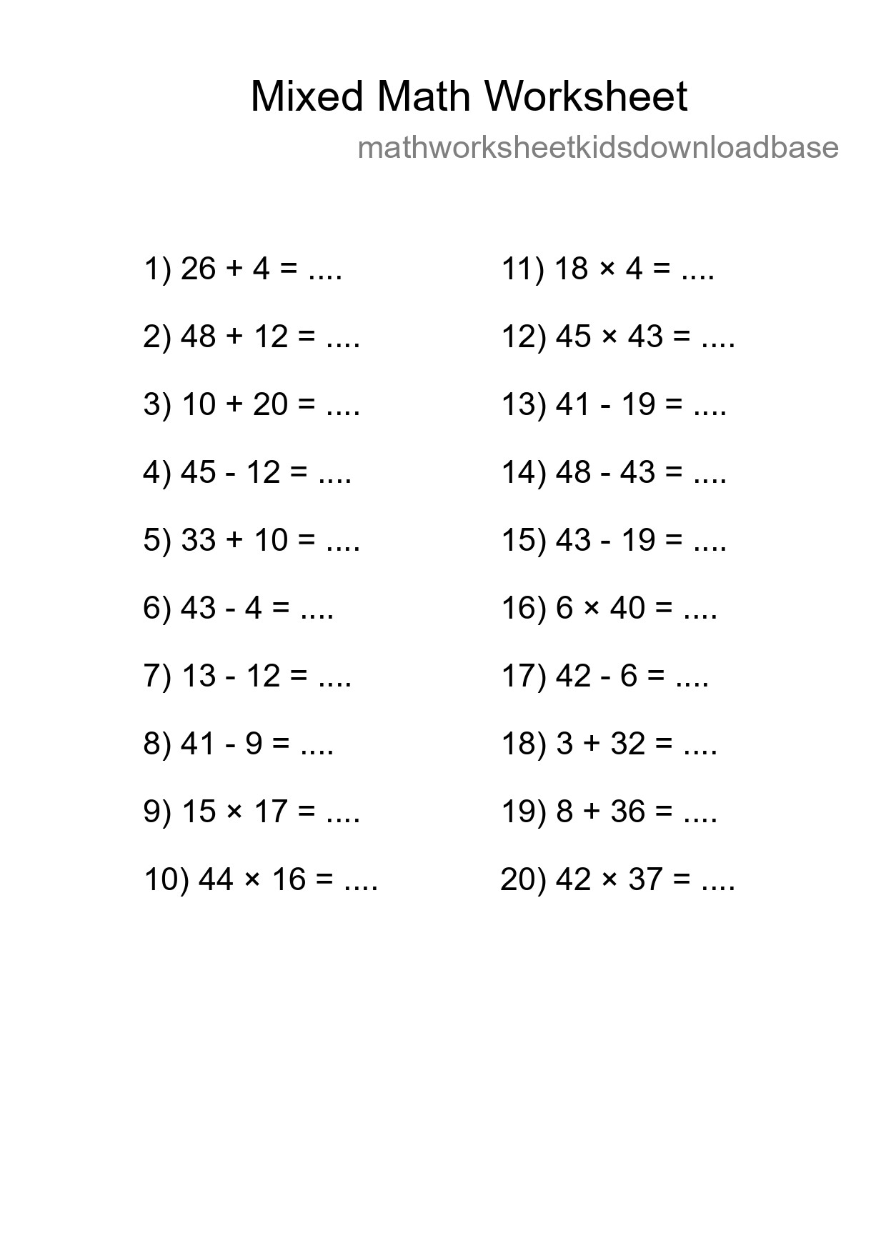 Mixed Operations Math Worksheet