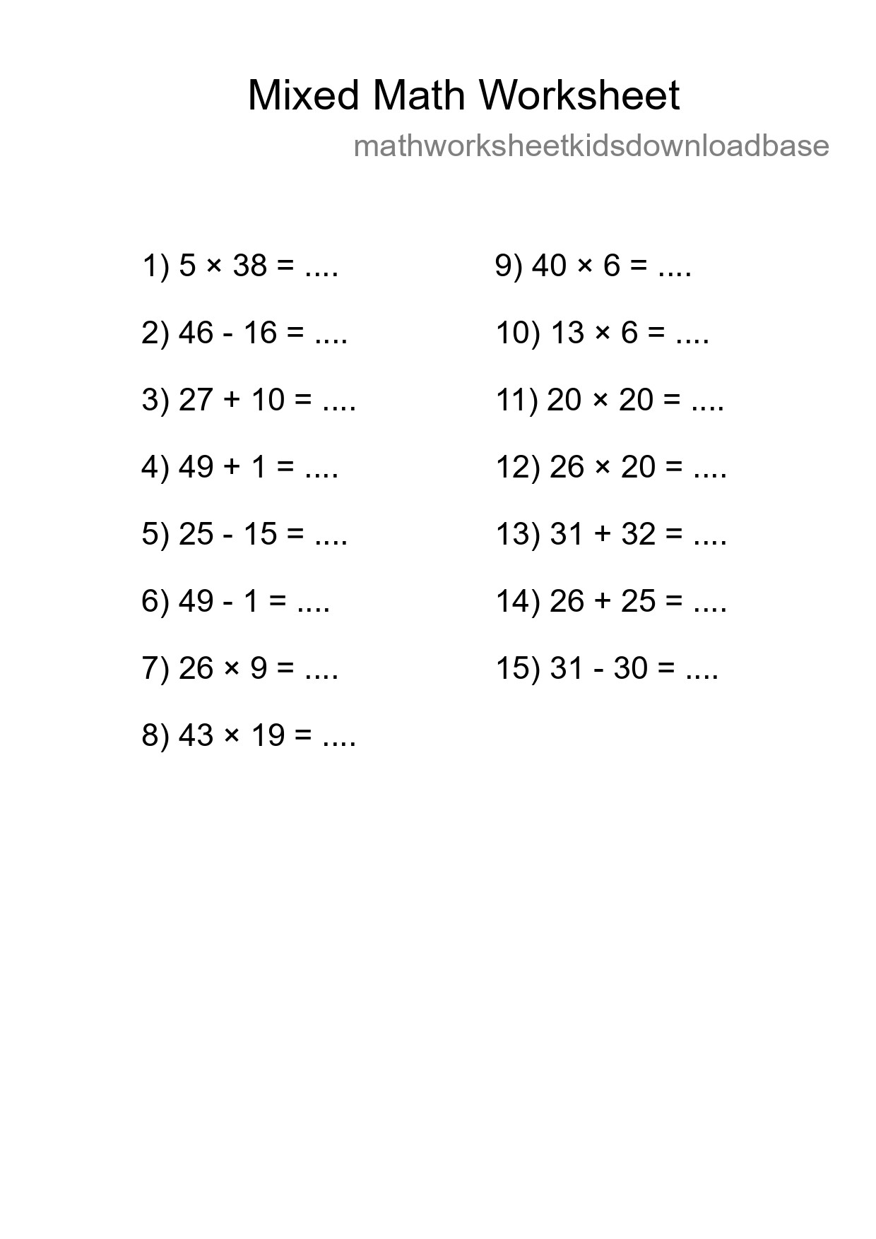 Mixed Operations Math Worksheet