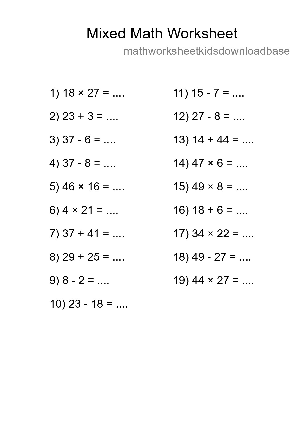 Mixed Operations Math Worksheet