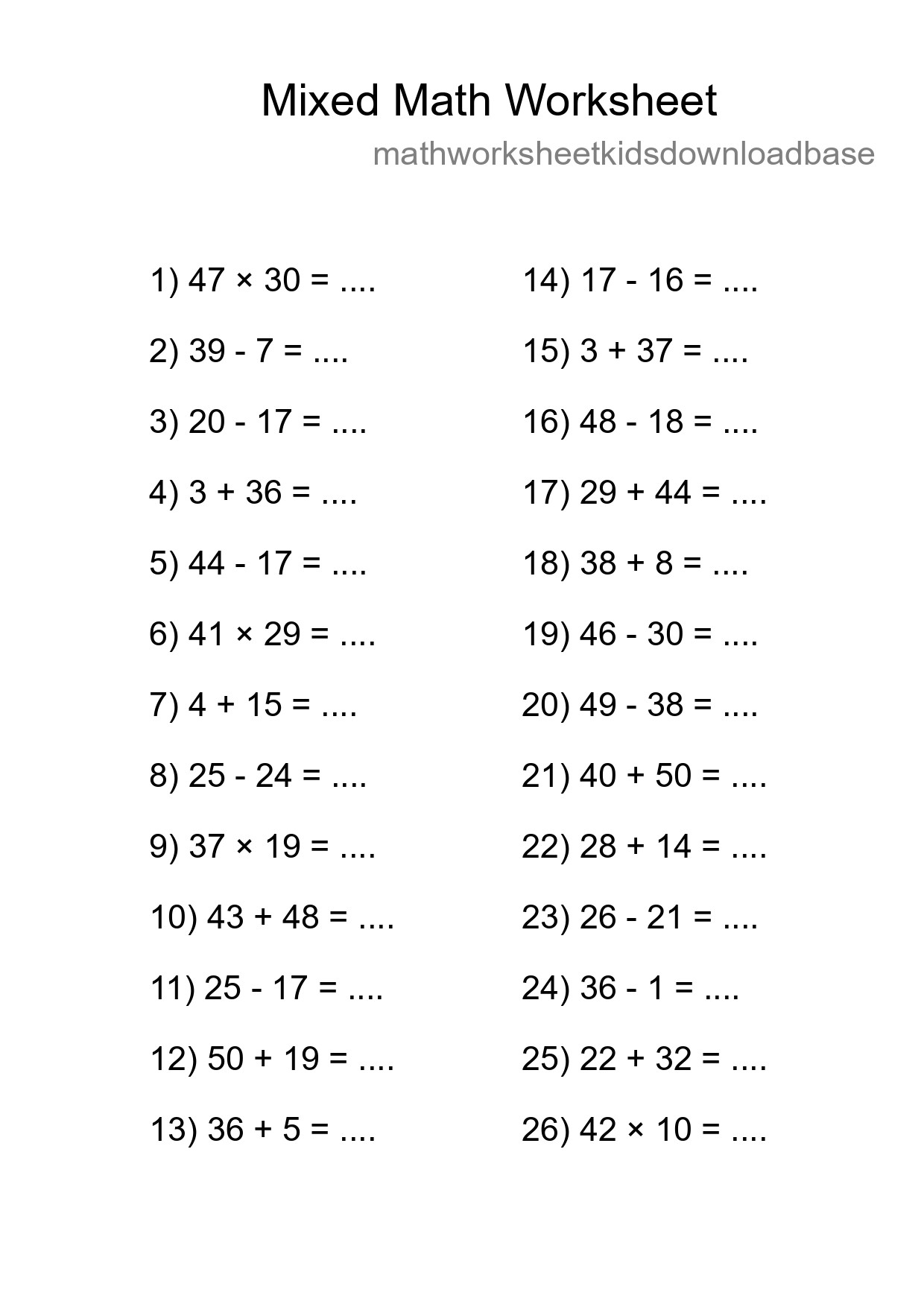 Mixed Operations Math Worksheet