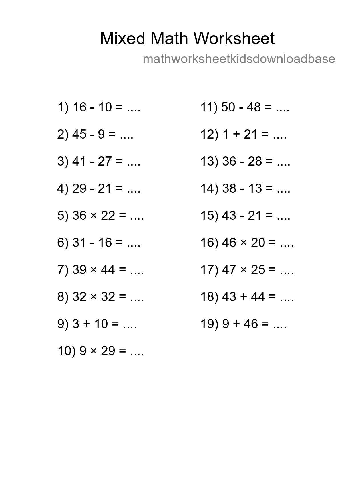 Mixed Operations Math Worksheet