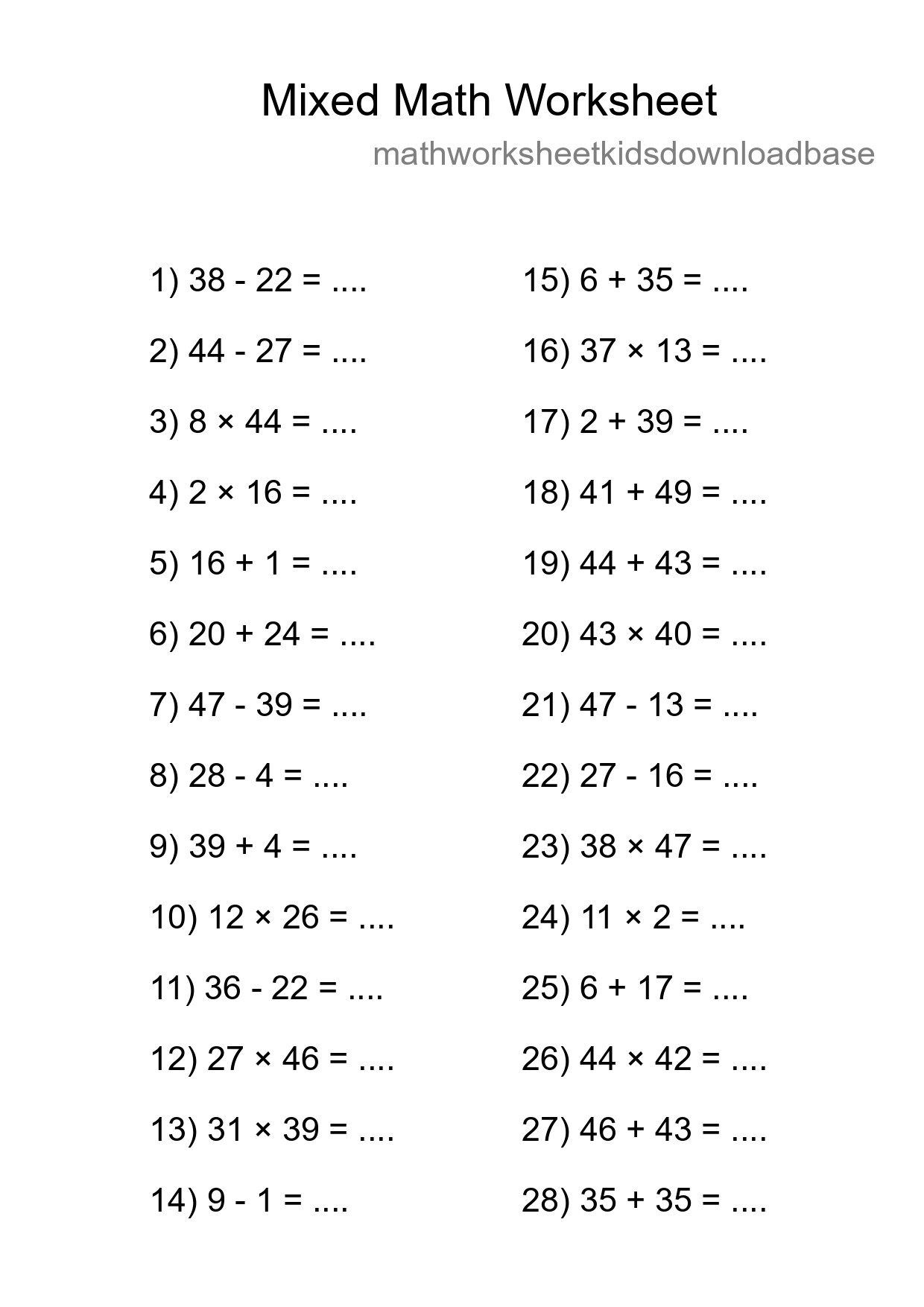Mixed Operations Math Worksheet