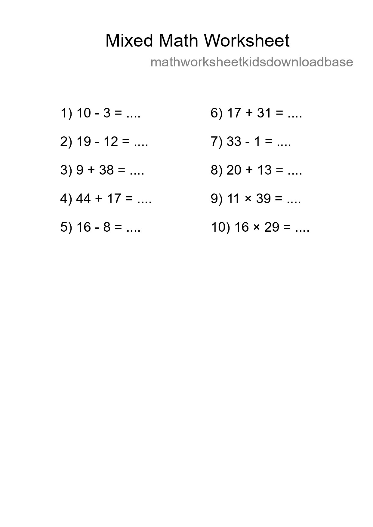 Mixed Operations Math Worksheet