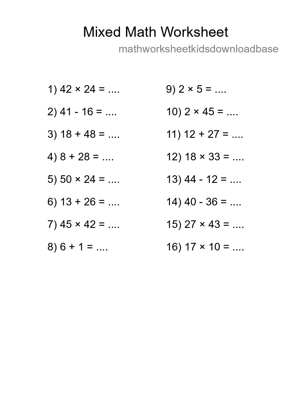 Mixed Operations Math Worksheet