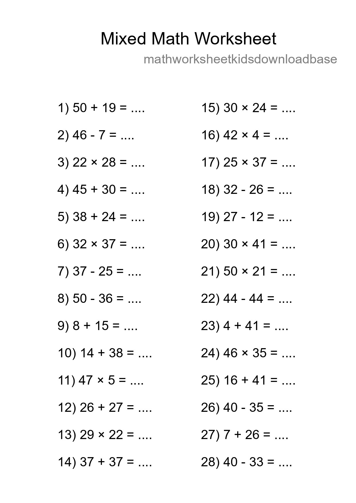 Mixed Operations Math Worksheet