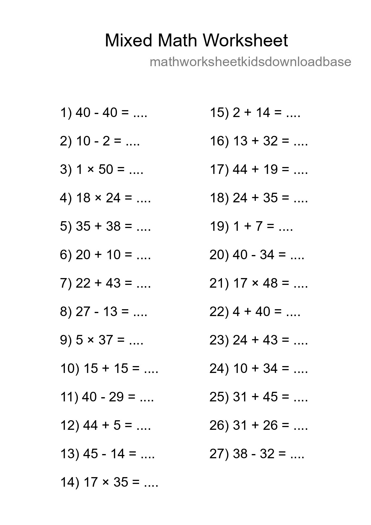 Mixed Operations Math Worksheet