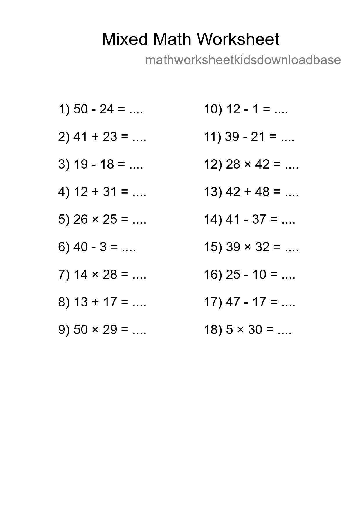 Mixed Operations Math Worksheet