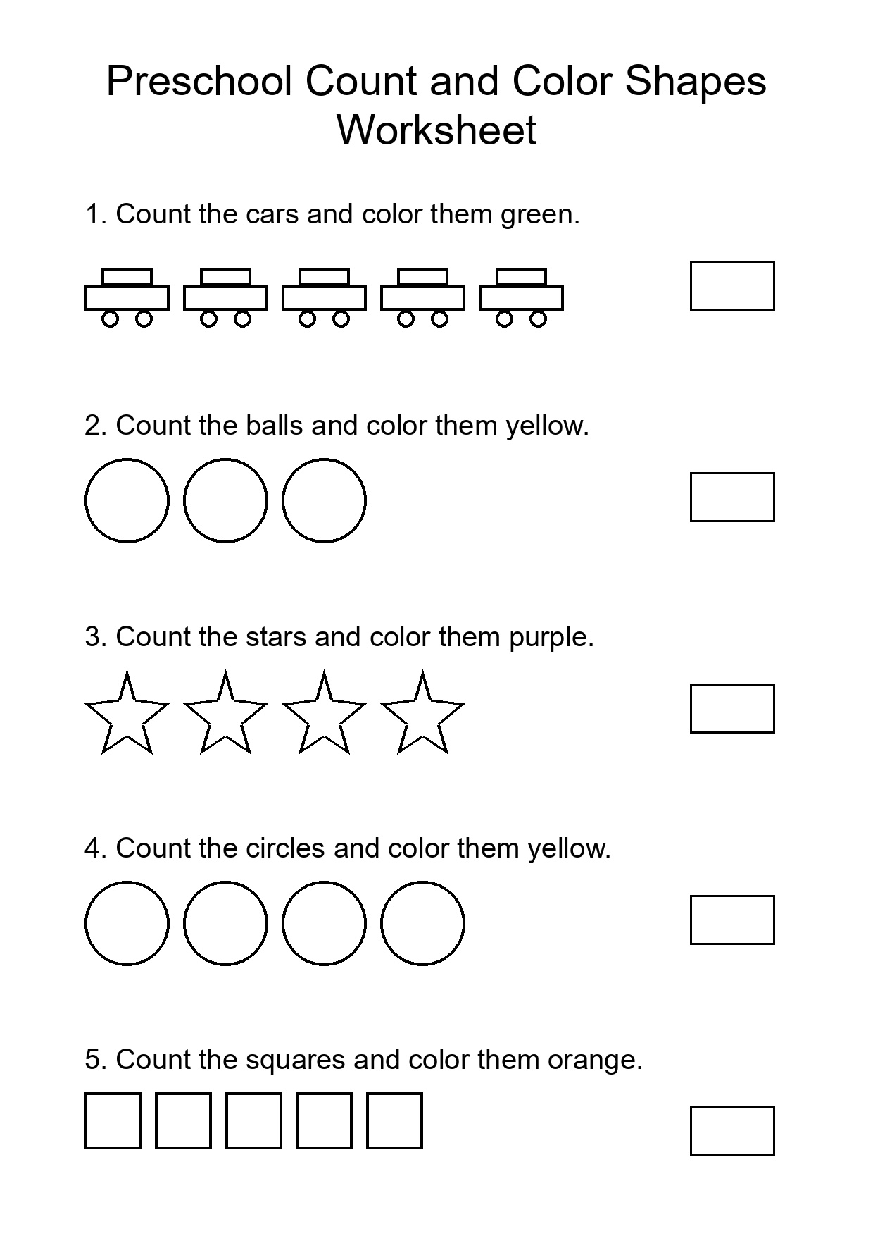 Preschool Count and Color Shapes Worksheet