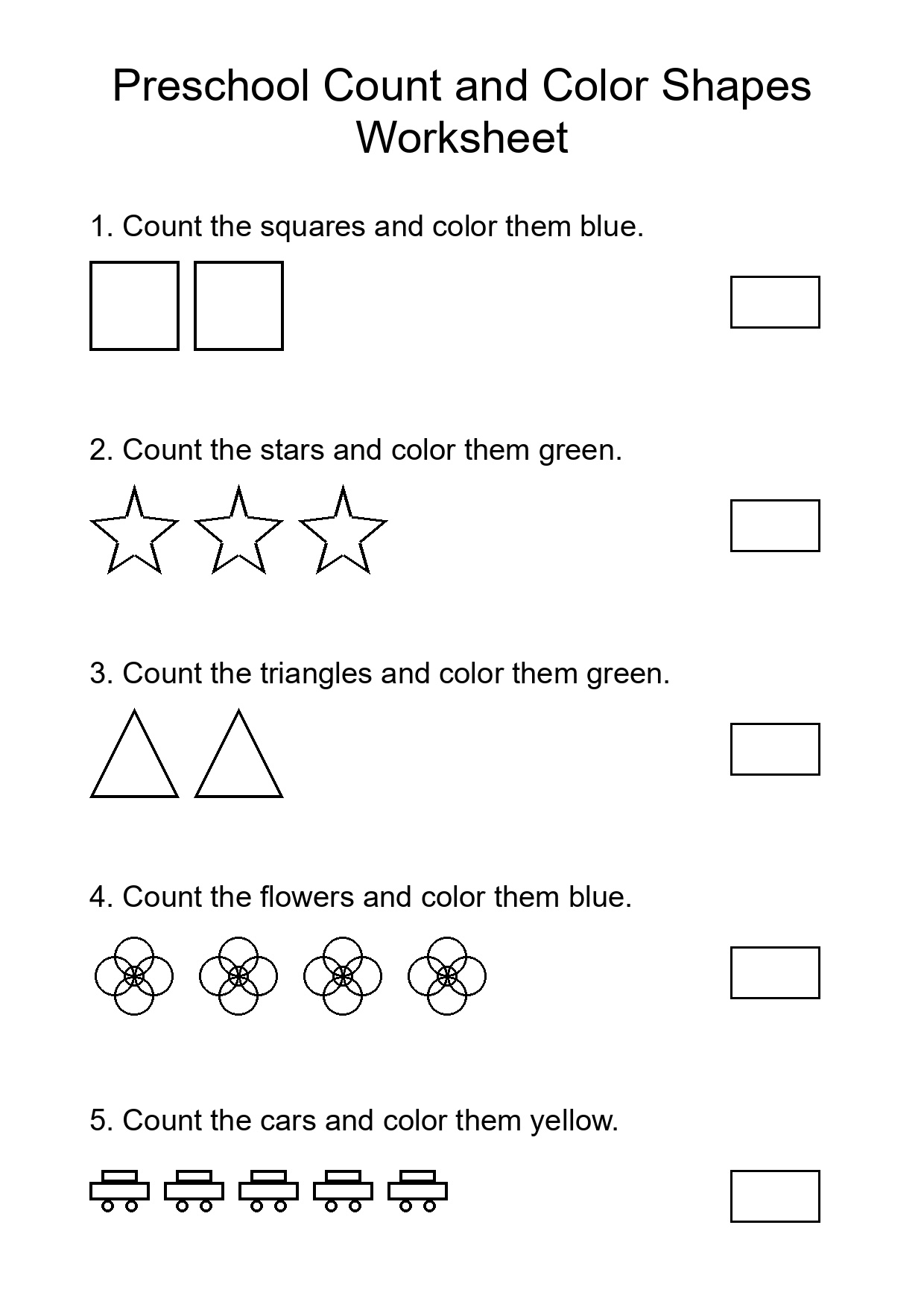 Preschool Count and Color Shapes Worksheet