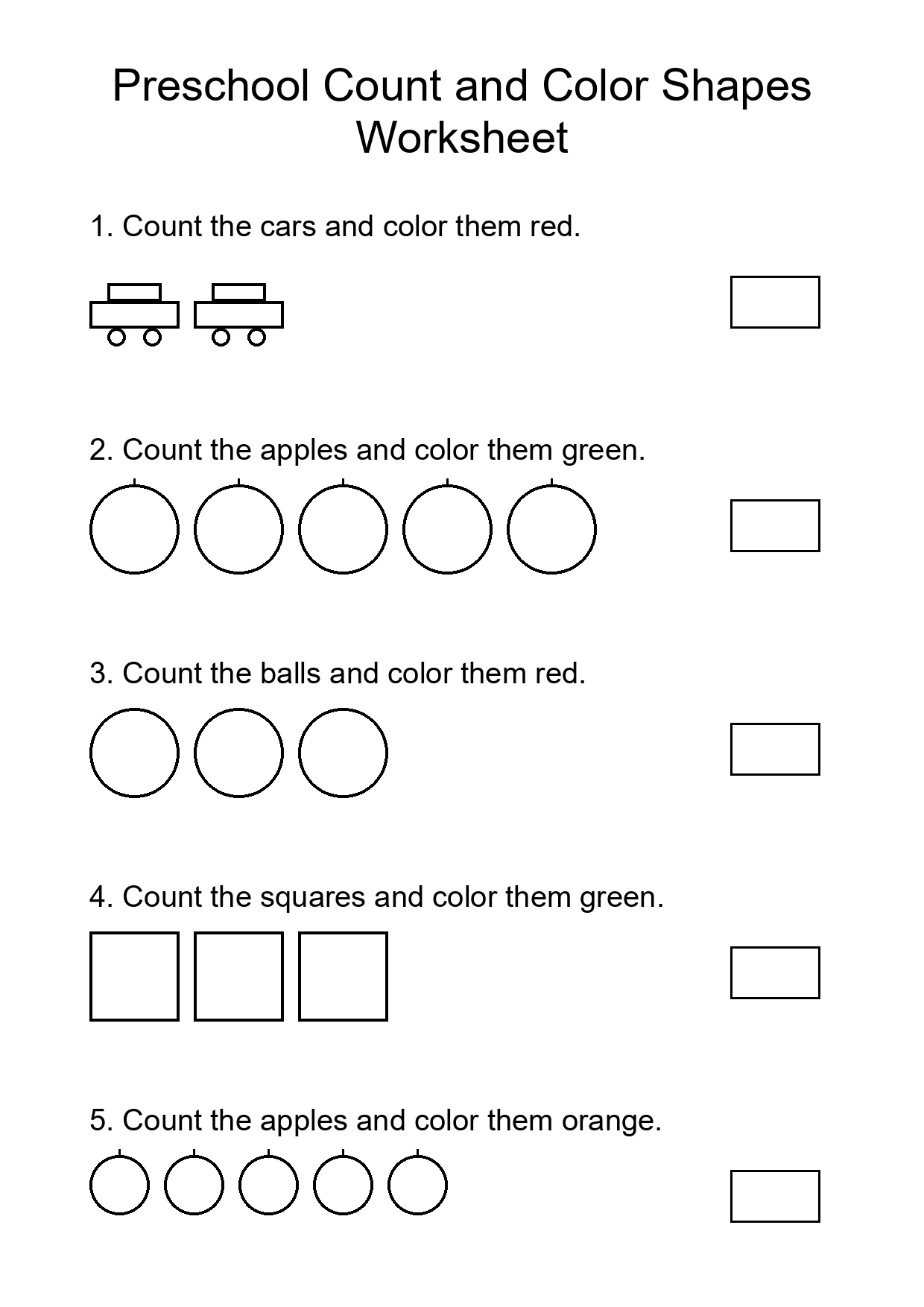 Preschool Count and Color Shapes Worksheet