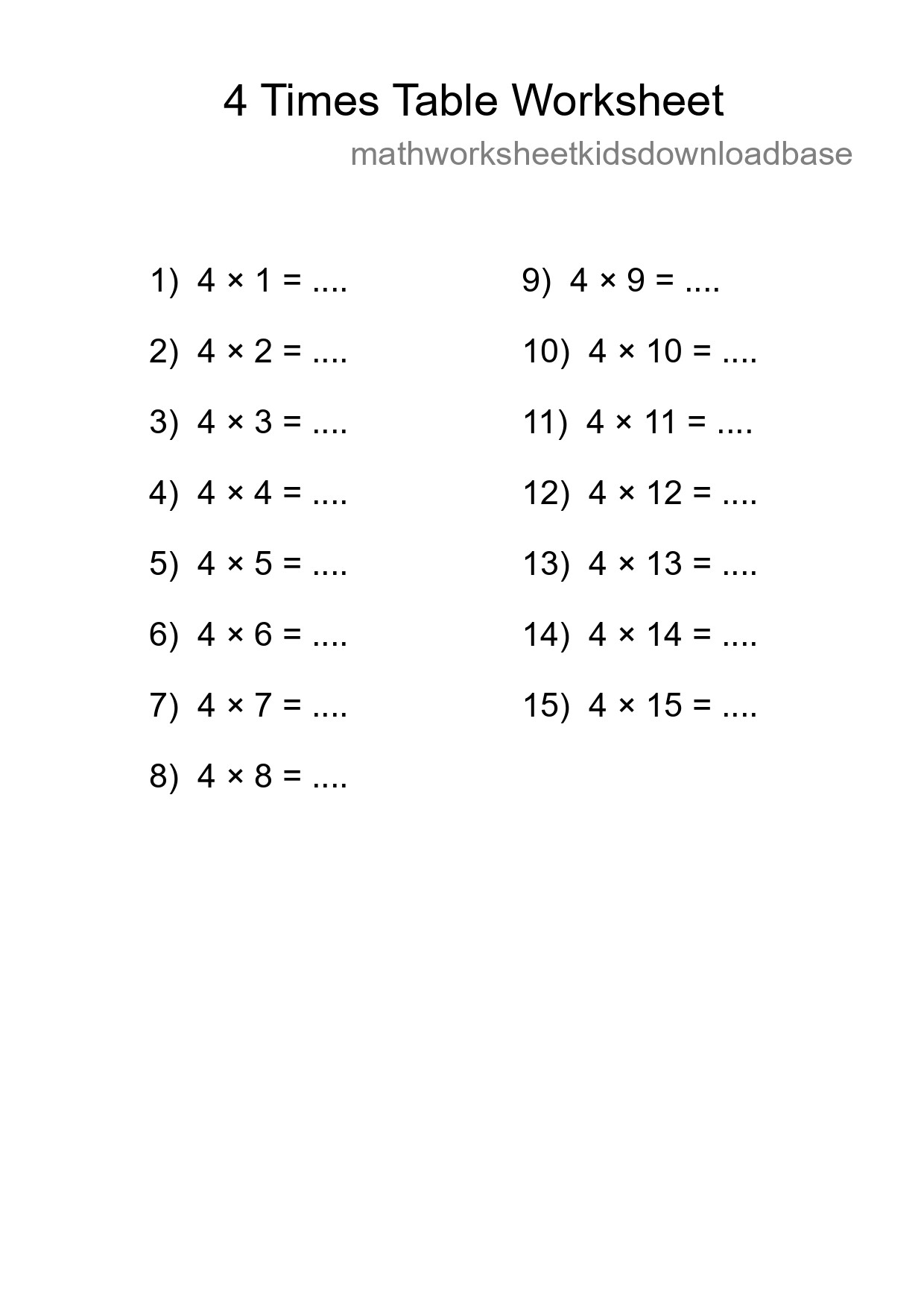 Printable 4 Times Table Worksheet For Grade 2 - Part 20