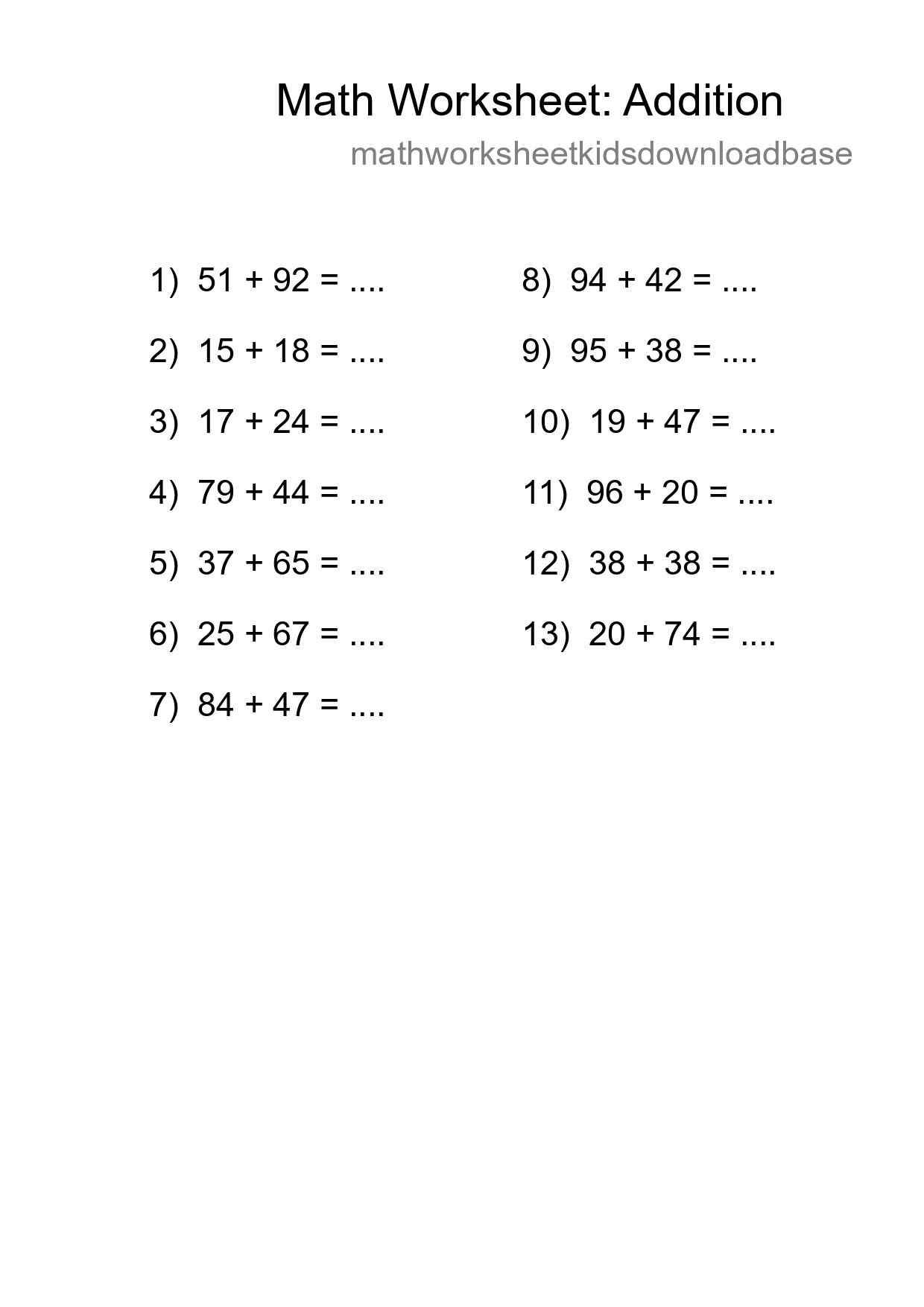Printable Free 13 Addition Math Worksheet For Grade 3 - Part 133