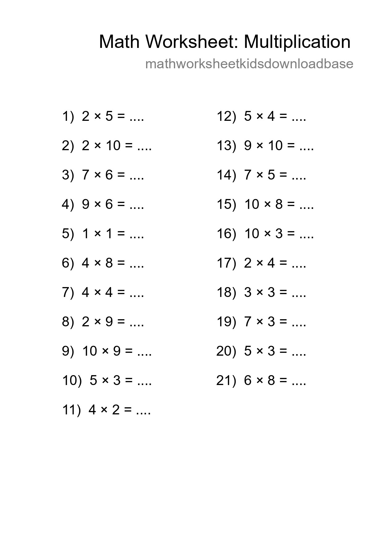 Printable Free 21 Multiplication Math Worksheet For Grade 1 - Part 238