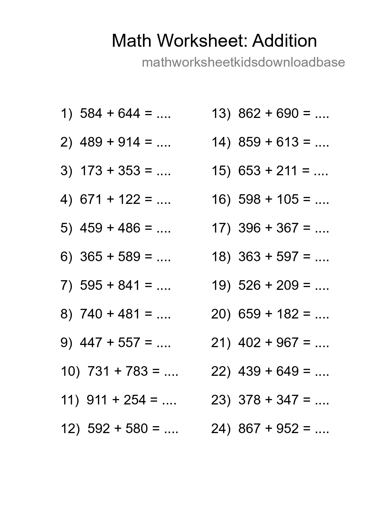 Printable Free 24 Addition Math Worksheet For Grade 5 - Part 144