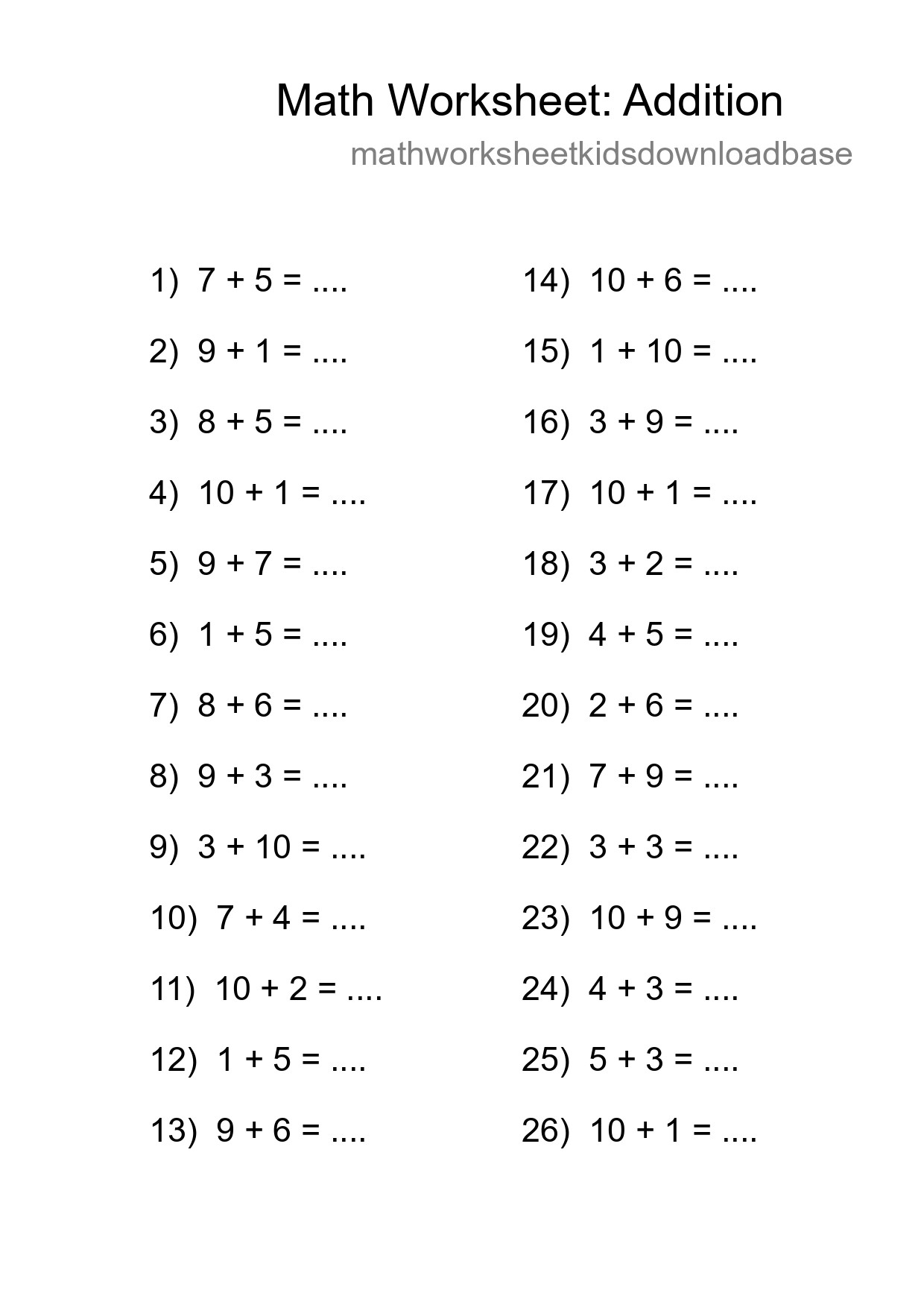 Printable Free 26 Addition Math Worksheet For Grade 1 - Part 56