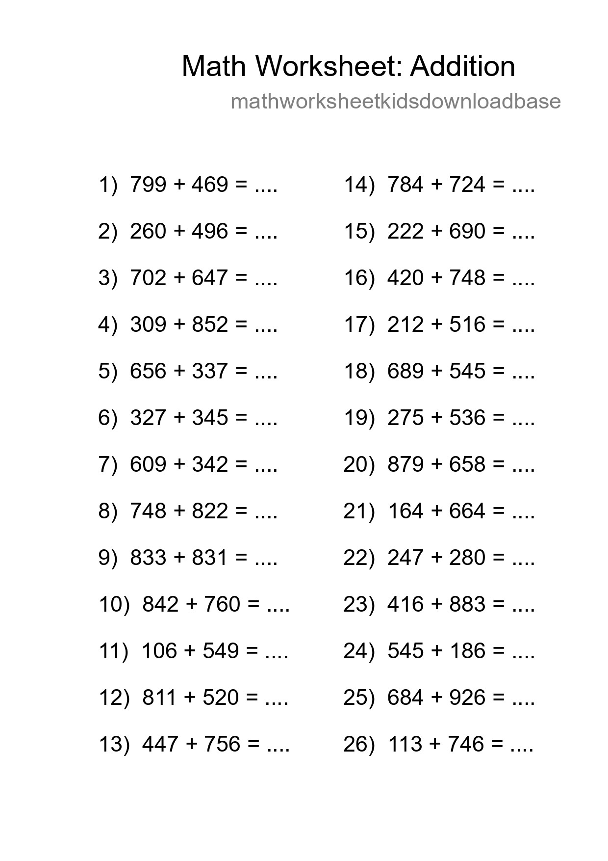 Printable Free 26 Addition Math Worksheet For Grade 5 - Part 122