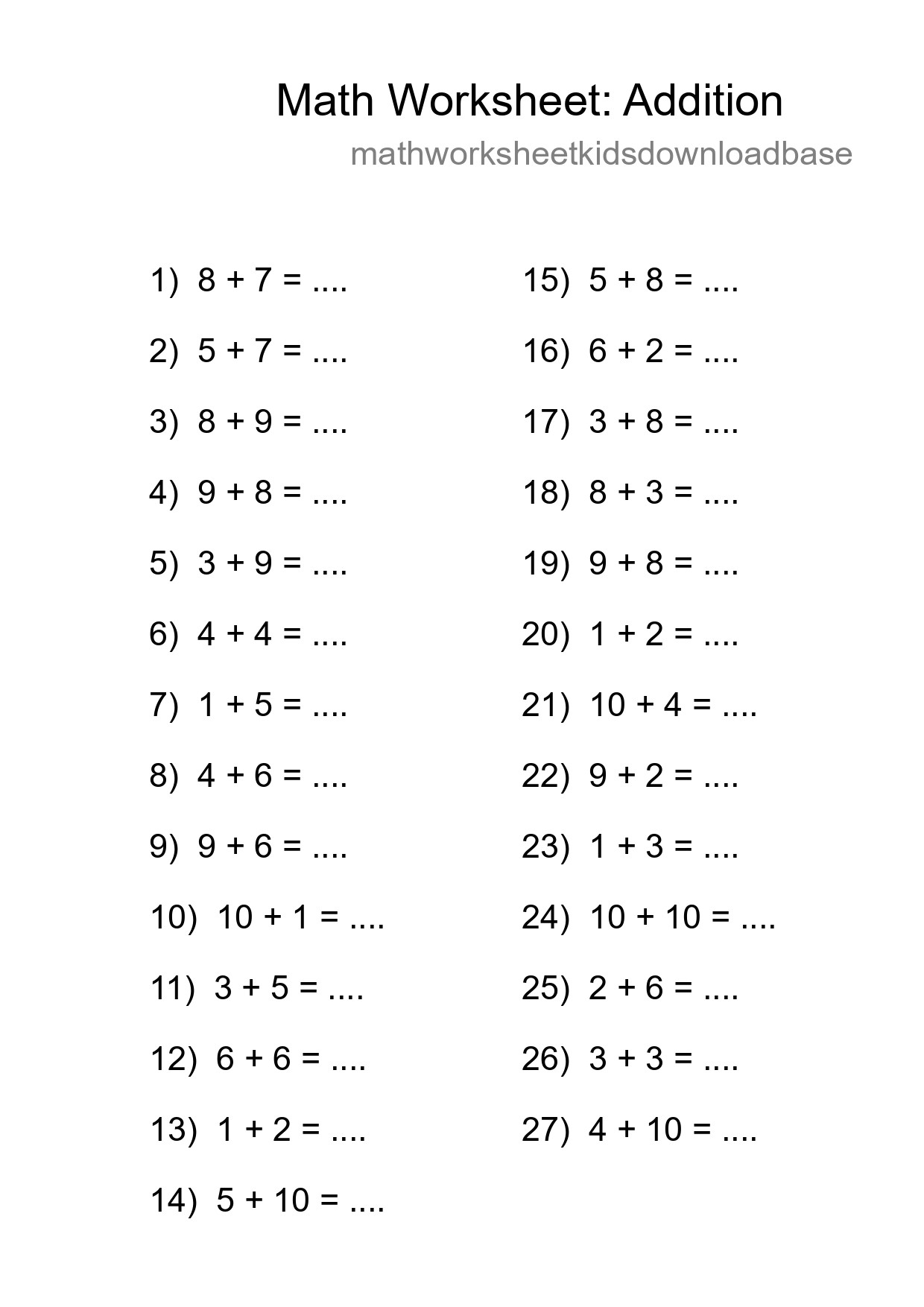 Printable Free 27 Addition Math Worksheet For Grade 1 - Part 243
