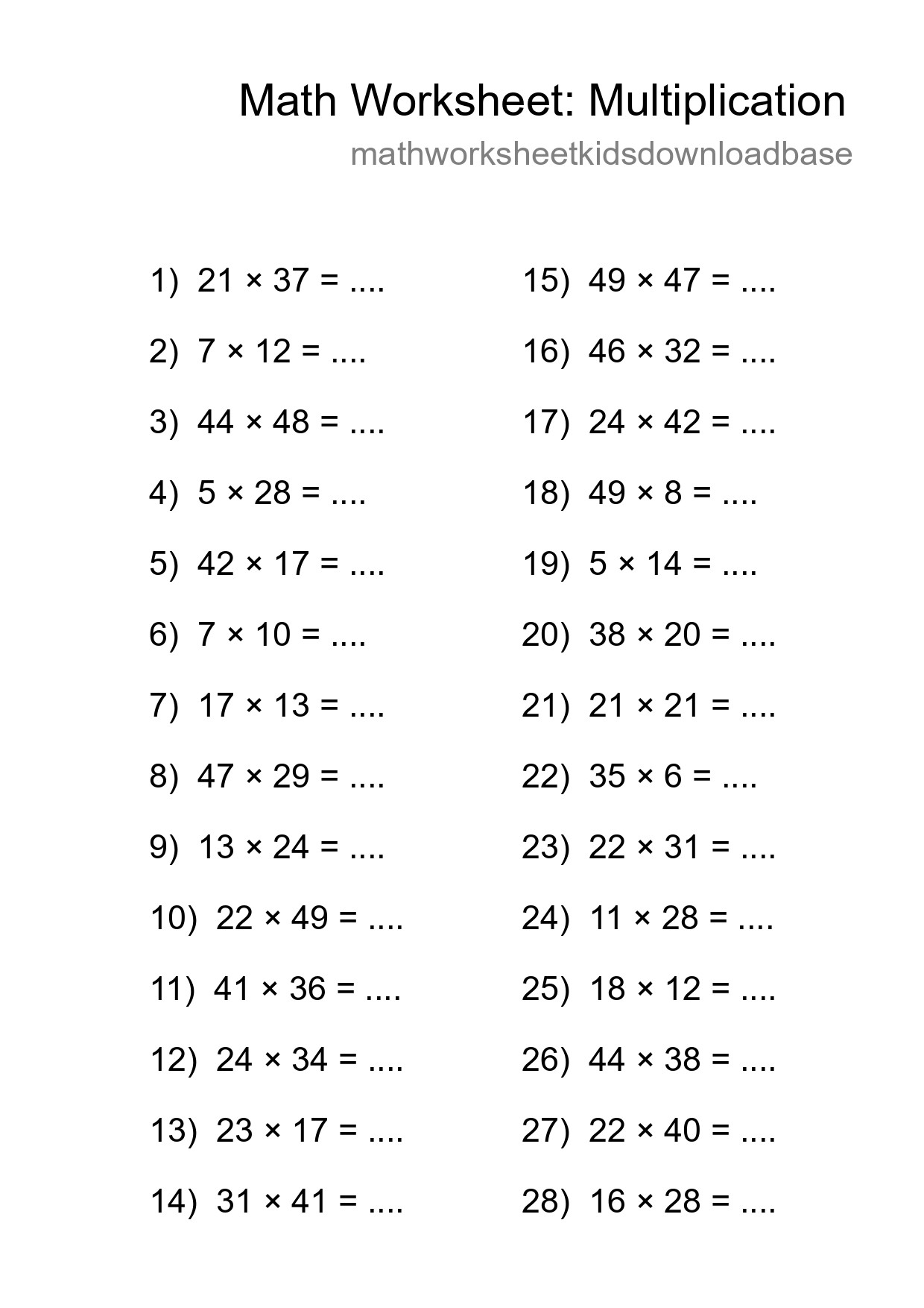 Printable Free 28 Multiplication Math Worksheet For Grade 2 - Part 117