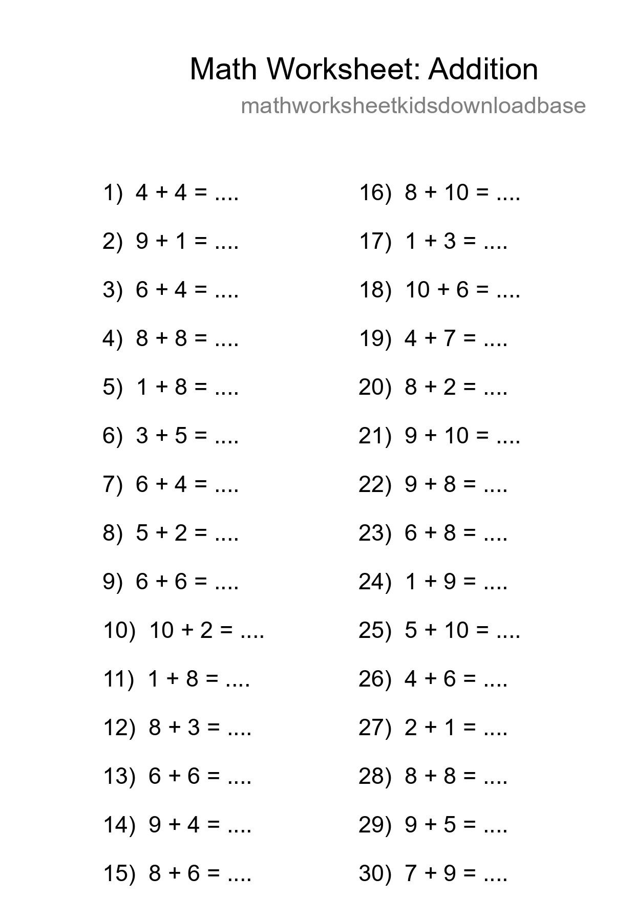 Printable Free 30 Addition Math Worksheet For Grade 1 - Part 34